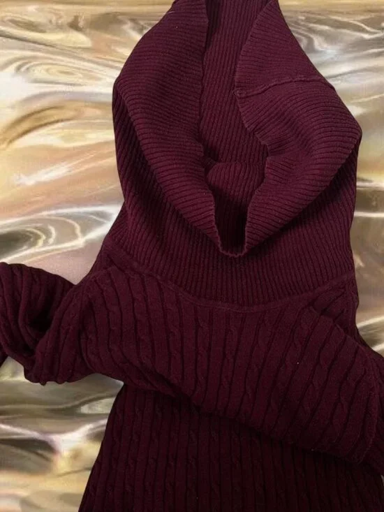 Vintage 2B Bebe Wine Red Knit Sweater Dress ⭐️ Off Shoulder fold over turtleneck - Picture 5 of 5